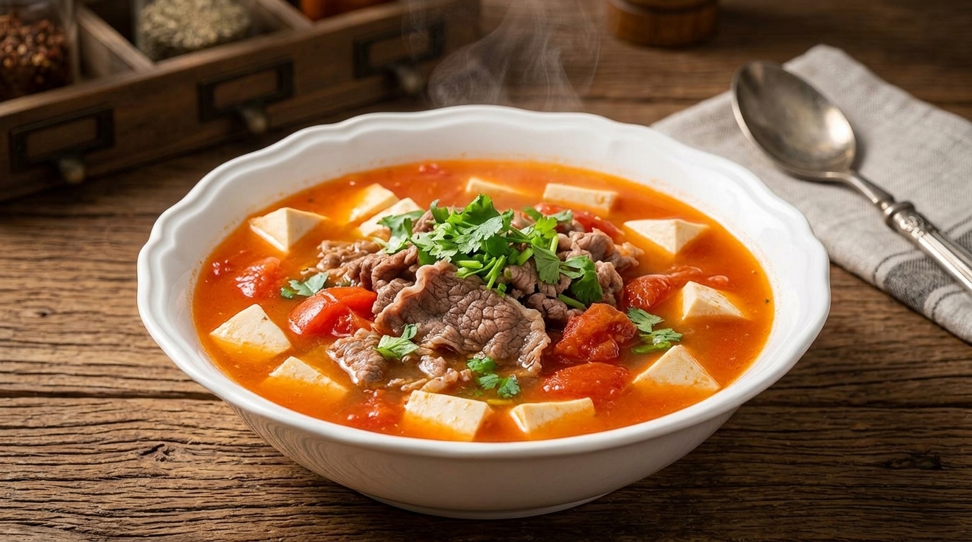 풍미 가득한 토마토 두부 소고기국