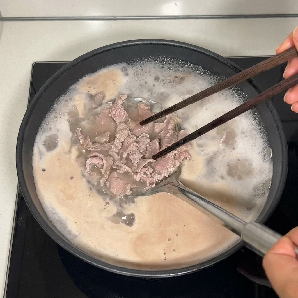 데쳐진 갈색의 소고기를 체와 젓가락을 이용해 건져내는 모습