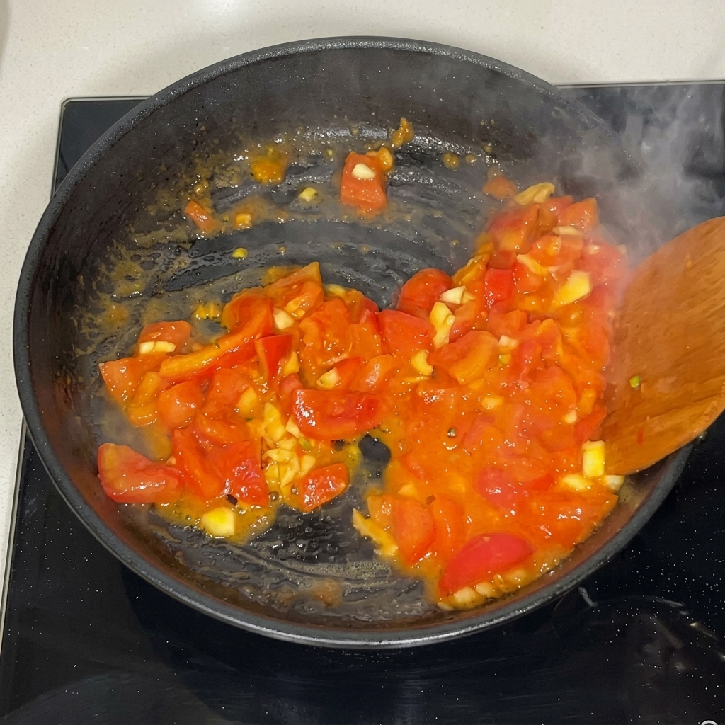 주걱으로 토마토를 으깨며 볶는 모습