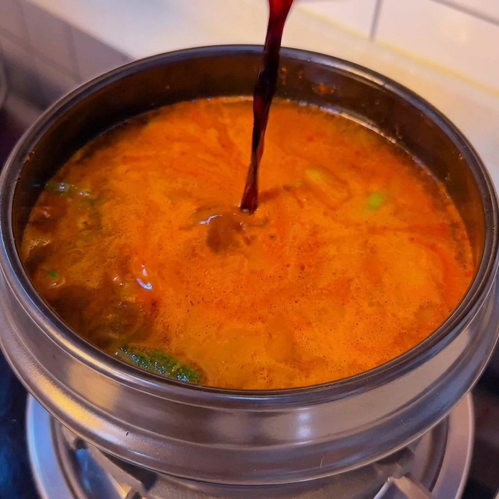 끓는 찌개에 진간장을 붓는 모습.