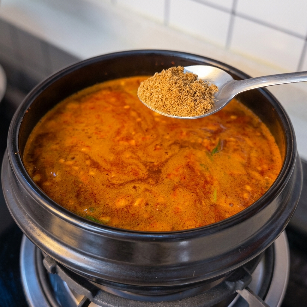 소고기 다시다 가루를 숟가락으로 찌개에 넣는 모습.
