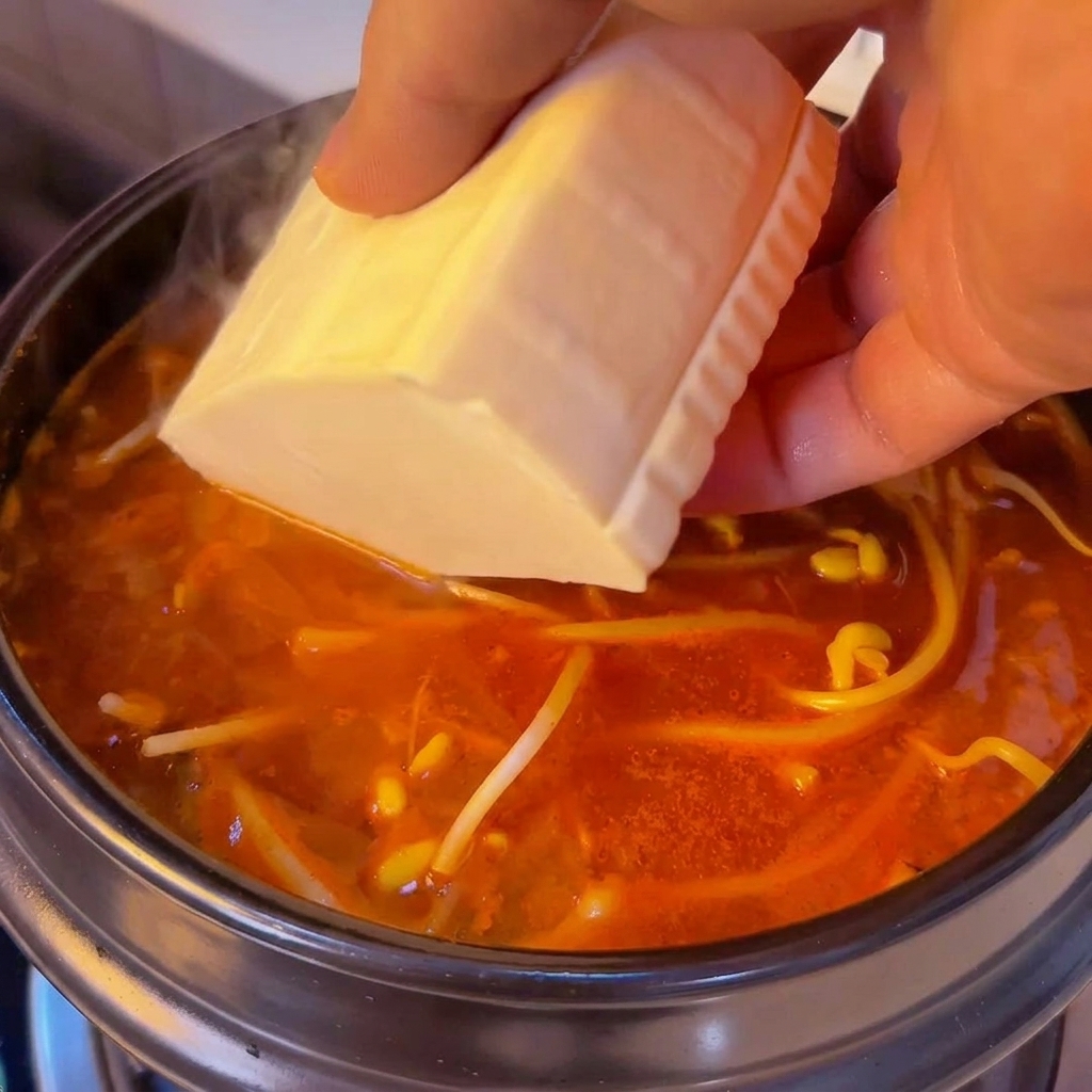 끓는 국물 위로 순두부를 조심스럽게 넣는 모습.