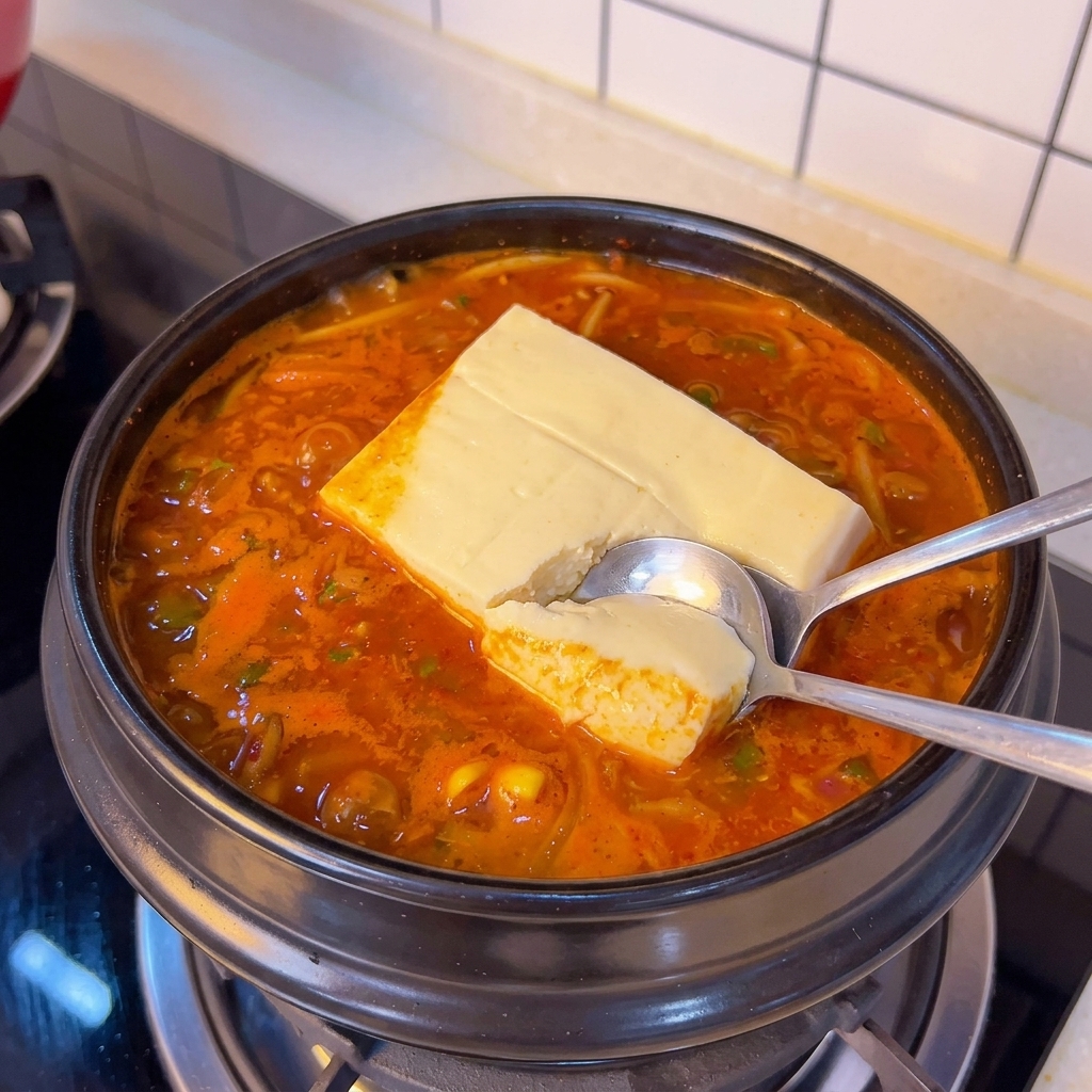 두 개의 숟가락으로 순두부를 찌개 안에서 조심스럽게 나누는 모습.