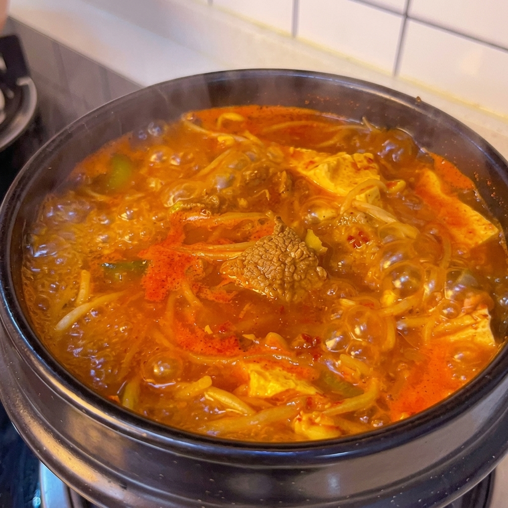 소고기와 순두부, 콩나물이 어우러져 강하게 끓고 있는 찌개의 모습.