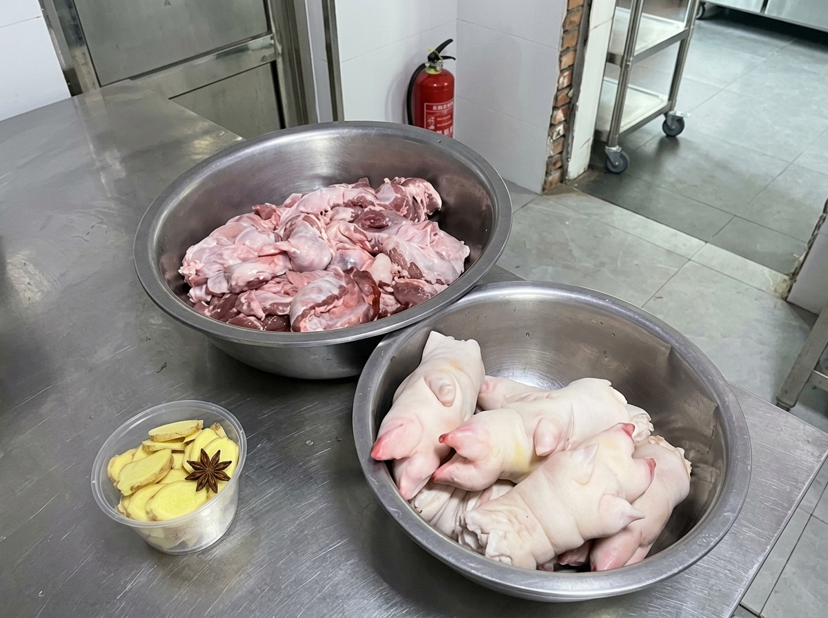 큰 스텐 볼에 담긴 생족발과 소고기, 그 옆에 놓인 편 썰은 생강과 팔각.