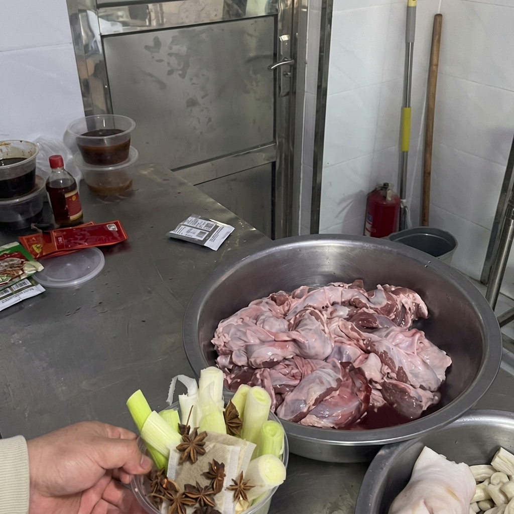 큼직하게 썬 대파, 편 썰은 생강, 팔각이 든 투명한 플라스틱 용기를 들고 있는 모습.