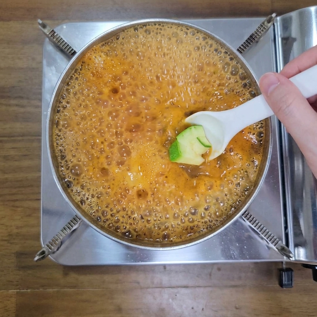 팔팔 끓는 붉은색 된장찌개 냄비에 흰색 숟가락으로 깍둑썰기한 애호박을 넣는 모습.