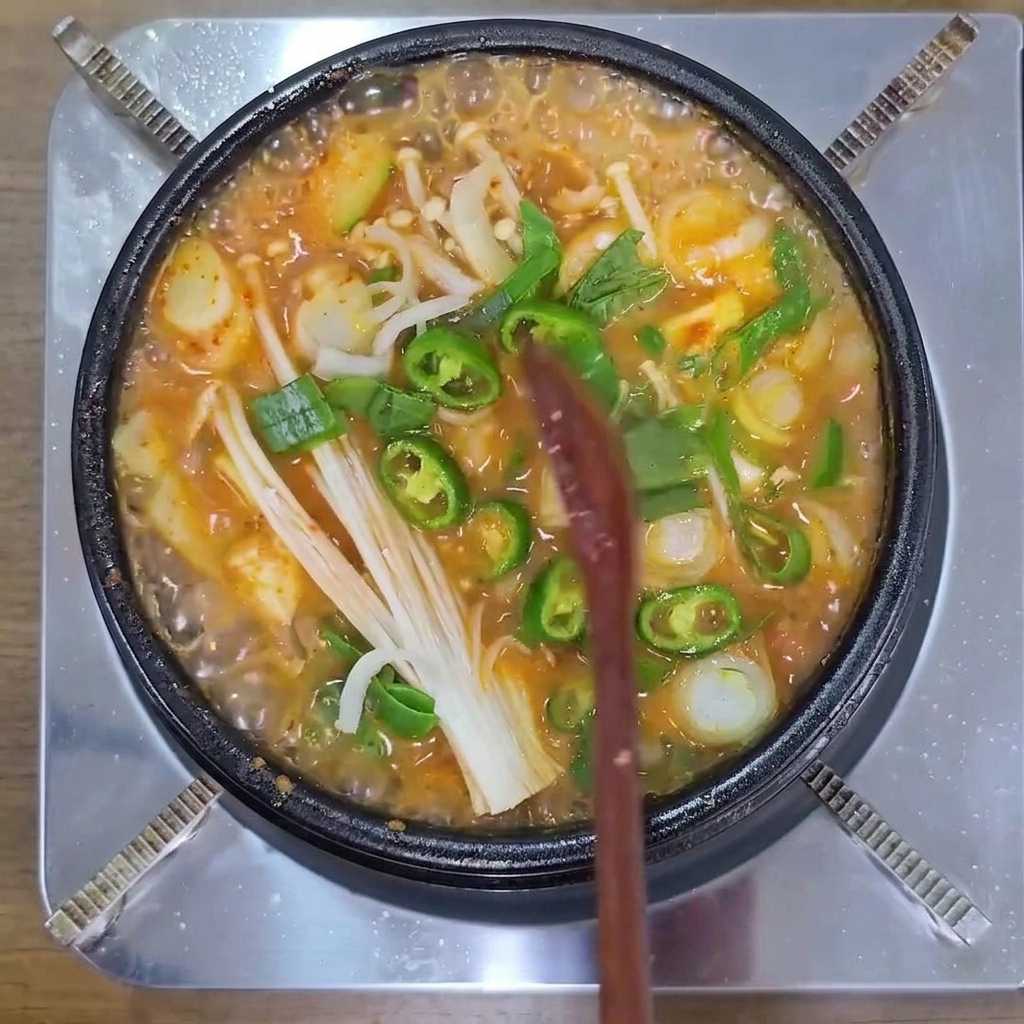얇게 썬 청양고추, 팽이버섯, 대파가 보글보글 끓고 있는 된장찌개 냄비.