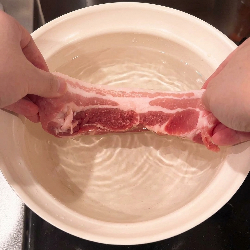 찬물이 담긴 냄비에 생삼겹살 한 덩이를 넣는 모습.