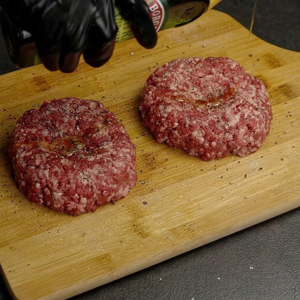 도마 위에 놓인 생고기 패티에 소금, 후추, 올리브유를 뿌리는 모습.