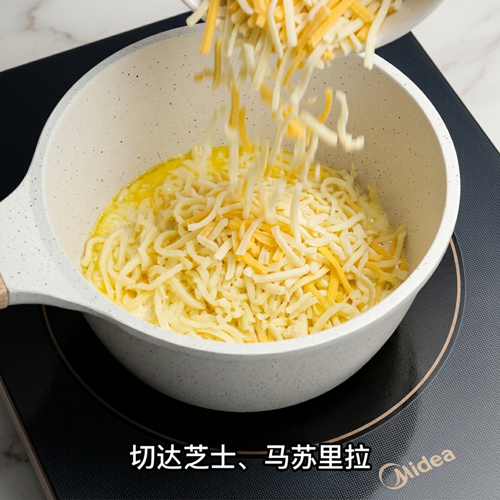 따뜻한 크림 베이스에 체다와 모차렐라 치즈를 넣고 젓는 모습.