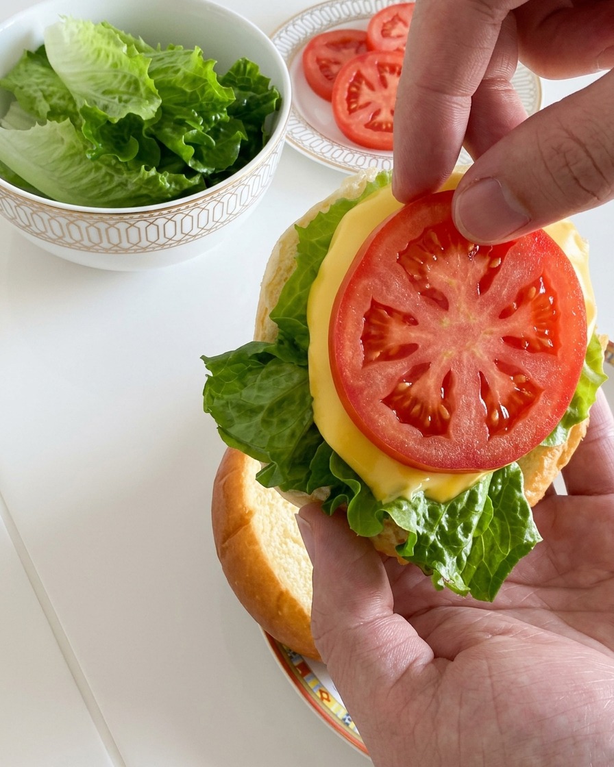 부드럽게 녹은 치즈 층 위에 붉고 신선한 토마토 슬라이스를 올리는 모습.