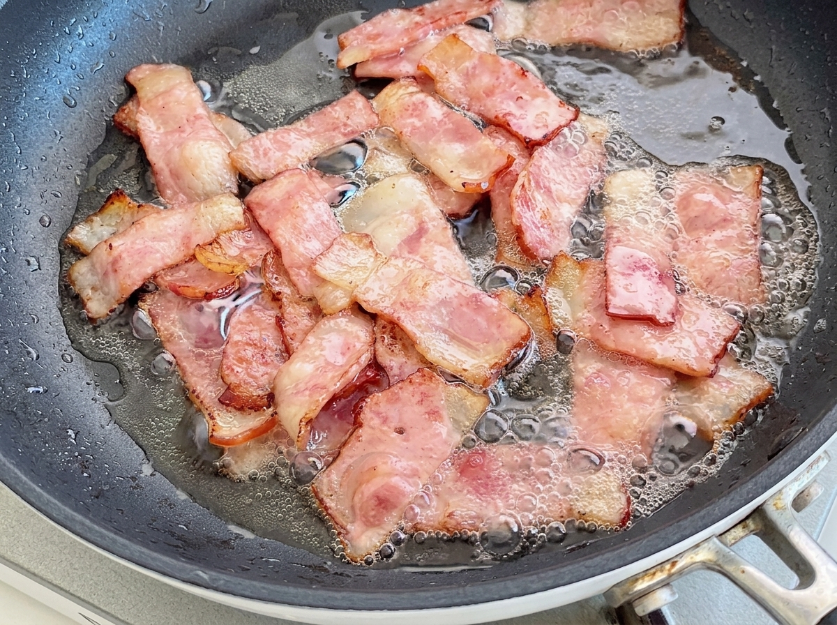 노릇하게 구워진 베이컨에 채 썬 적양파를 넣고 함께 볶는 모습.