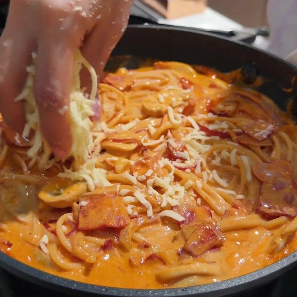 크림 파스타 위에 모짜렐라 치즈를 뿌리는 손.