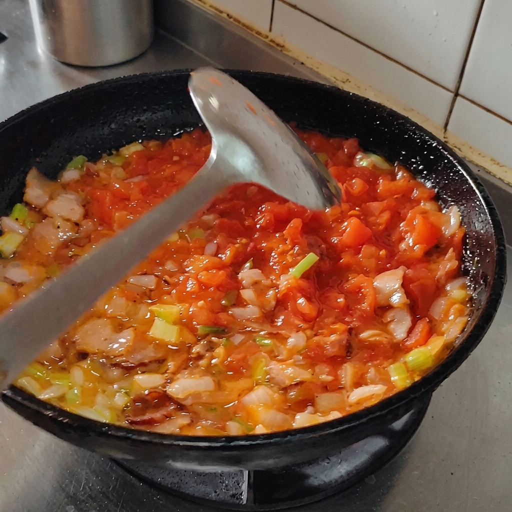 토마토 소스에 소금과 후추를 뿌리는 모습.
