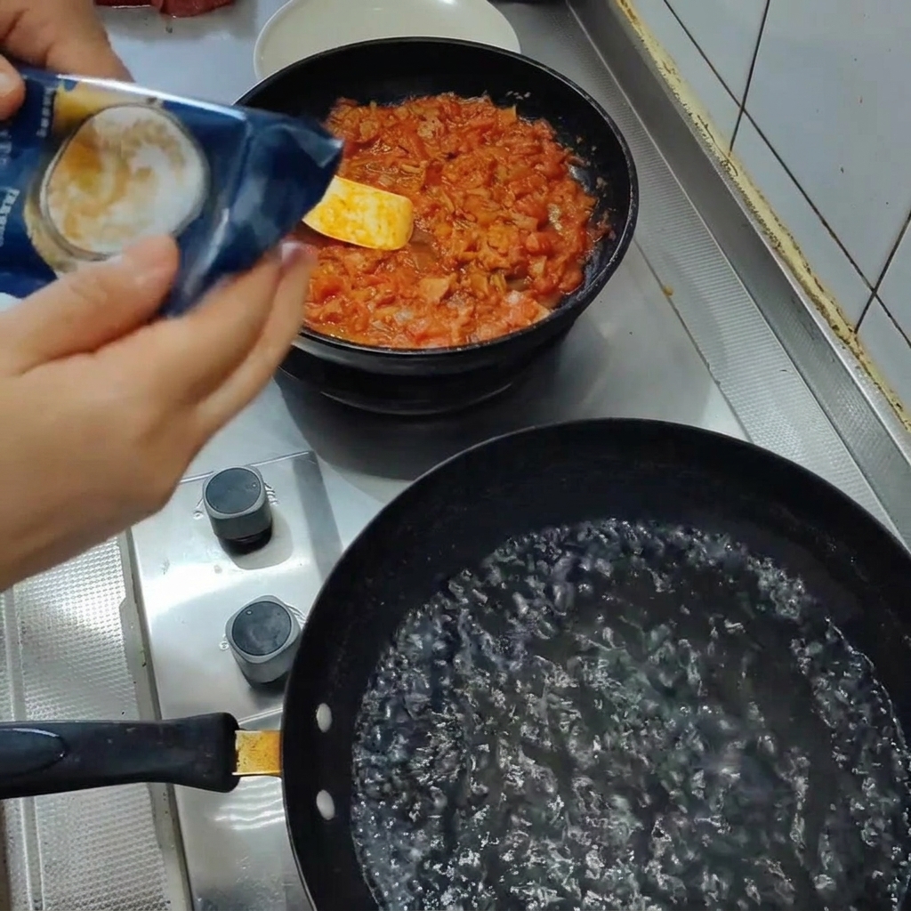 끓는 물에 스파게티 면을 넣는 모습.