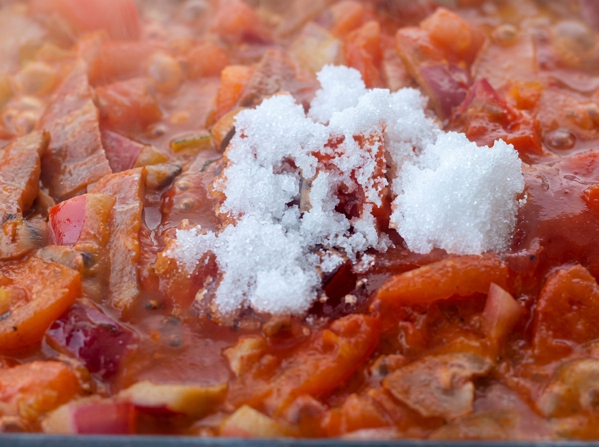 토마토 소스에 설탕과 간장 등을 넣는 모습.