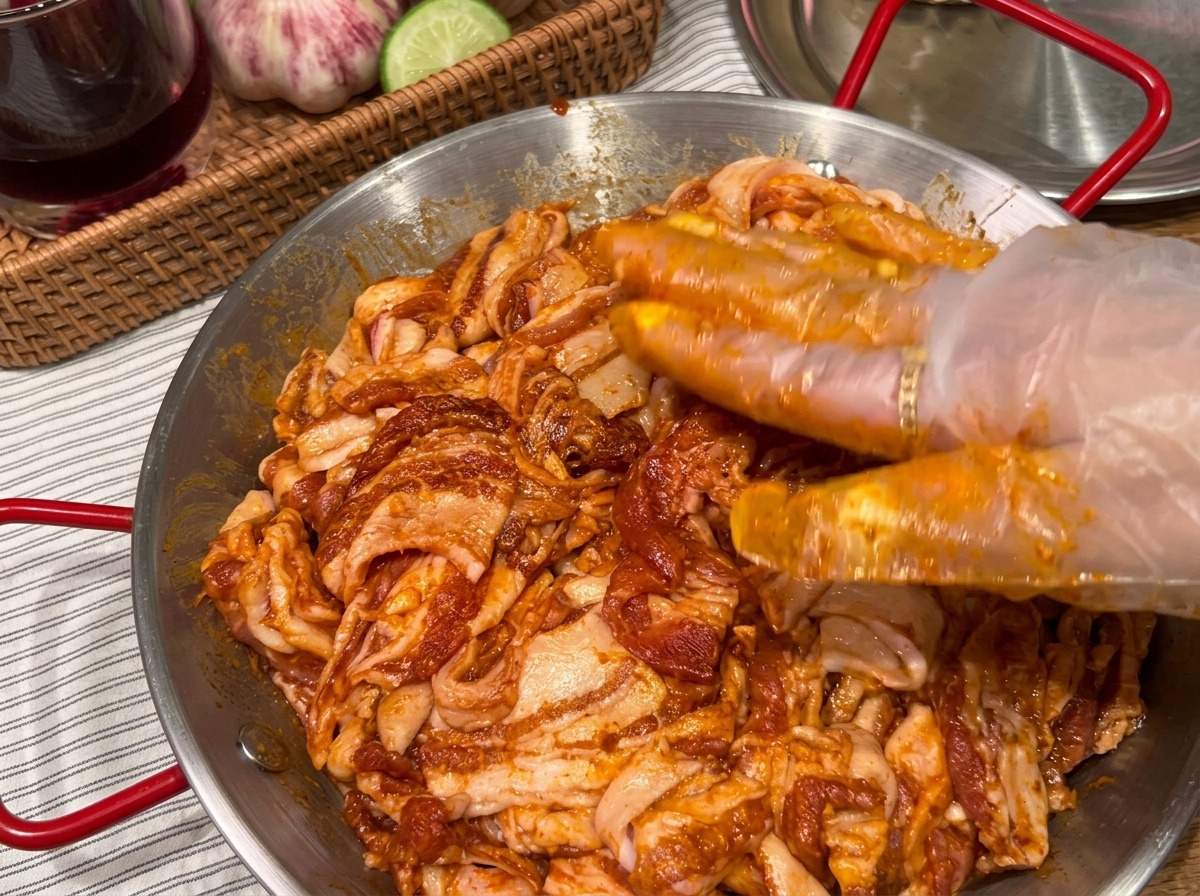 예열된 팬 위에 양념된 삼겹살을 올려 지글지글 굽는 모습.