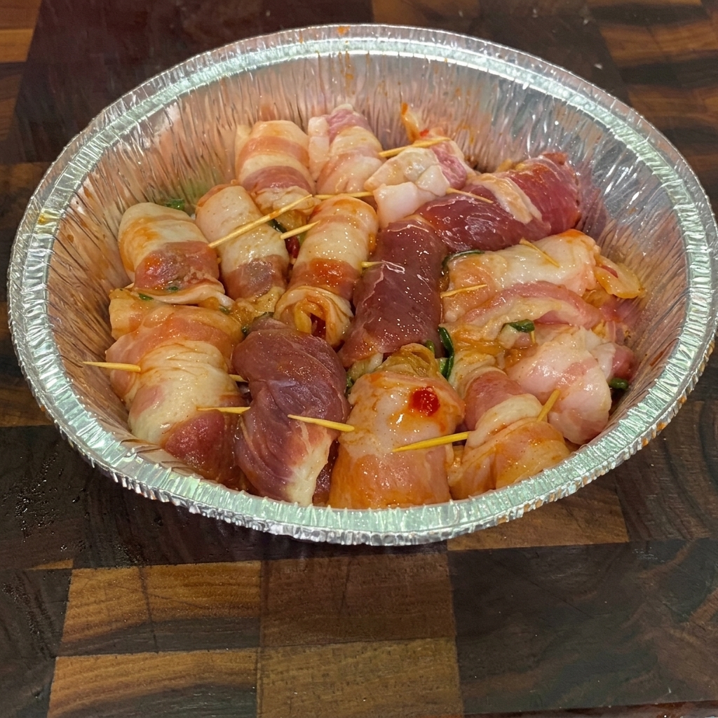 알루미늄 호일 용기에 담긴 삼겹살 김치말이 위에 식용유를 뿌리는 모습.