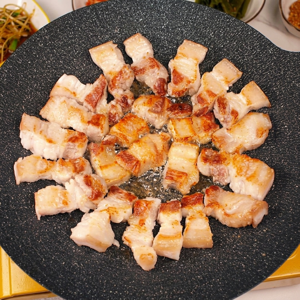 삼겹살 기름에 마늘 슬라이스가 노릇하게 튀겨지는 모습.