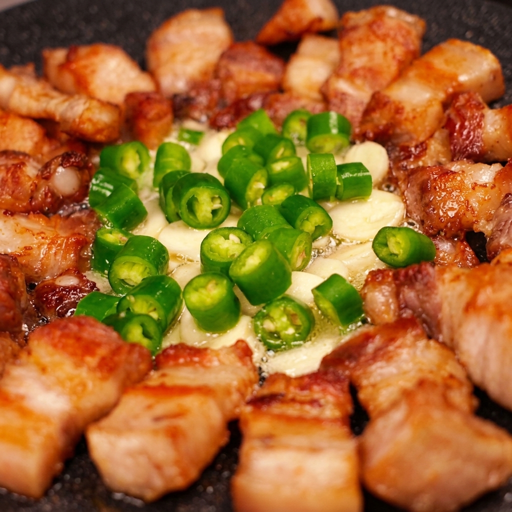 노릇한 삼겹살 가운데에 김치와 고추를 넣고 익히는 모습.