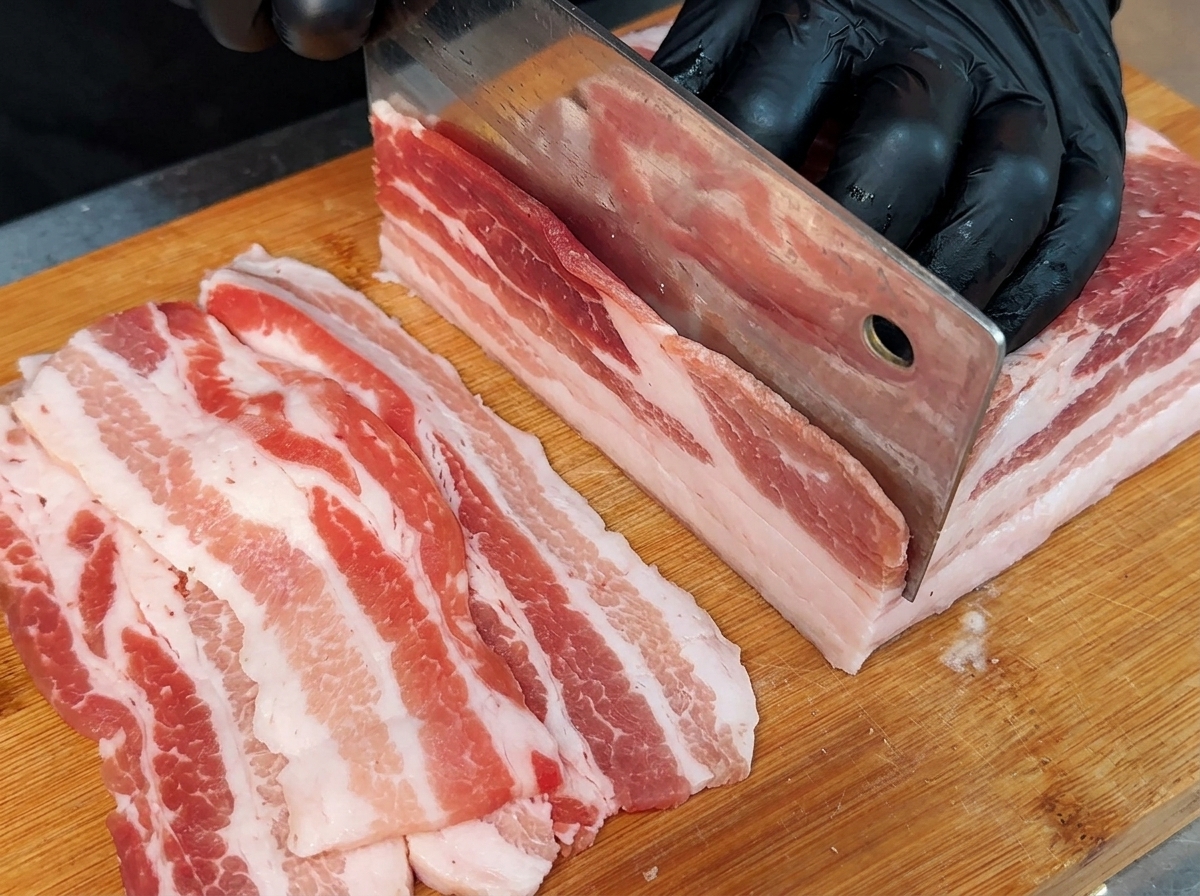 도마 위에 정갈하게 놓인 얇은 삼겹살 생고기.