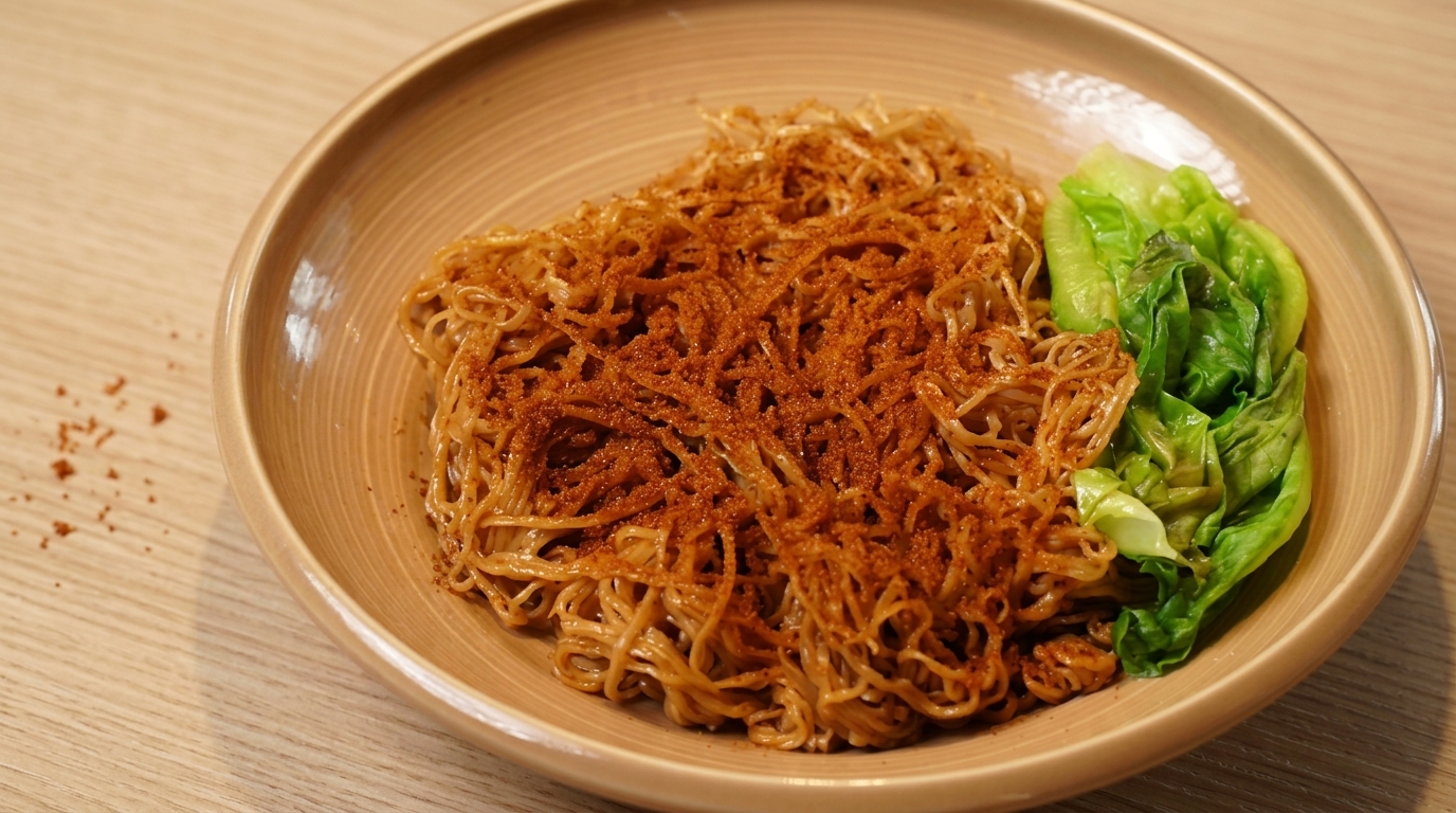 짭조름한 새우알을 듬뿍 뿌리고 아삭하게 데친 채소를 곁들인 홍콩식 비빔국수 한 그릇입니다.