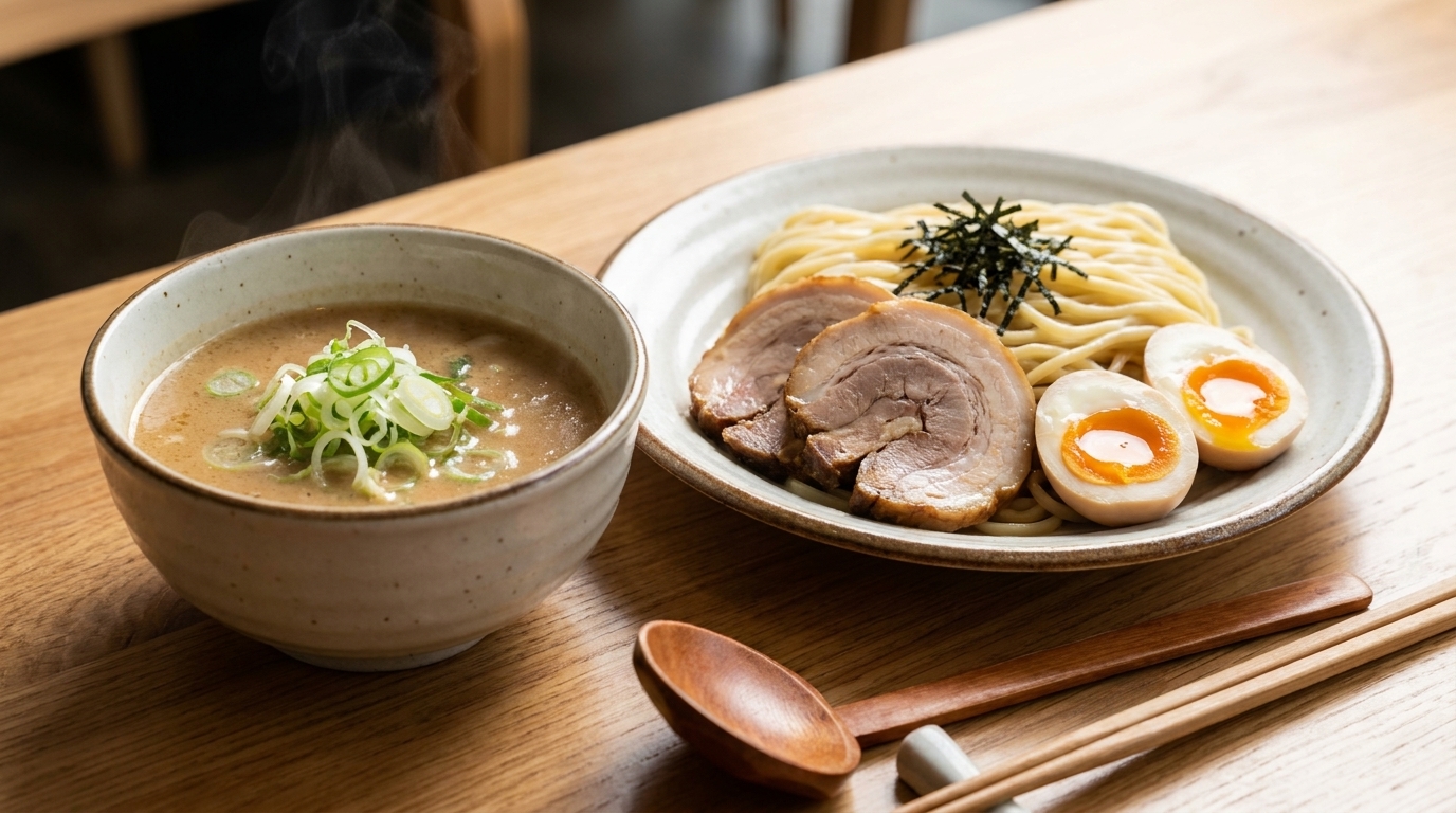 차가운 라멘 면과 반숙 계란, 부드러운 차슈를 곁들인 진하고 크리미한 츠케멘 국물.