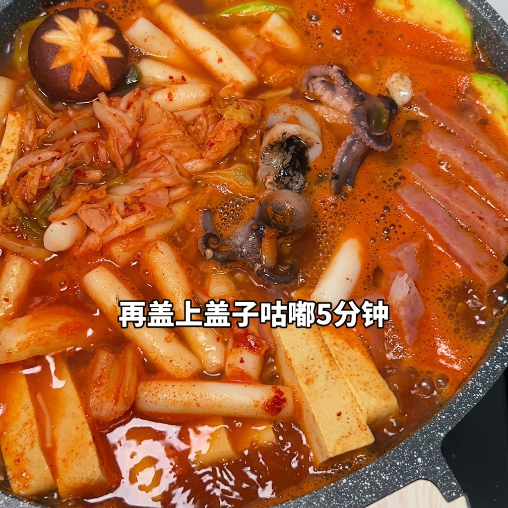 보글보글 끓는 찌개 위에 라면 사리와 치즈가 올려져 있는 모습.