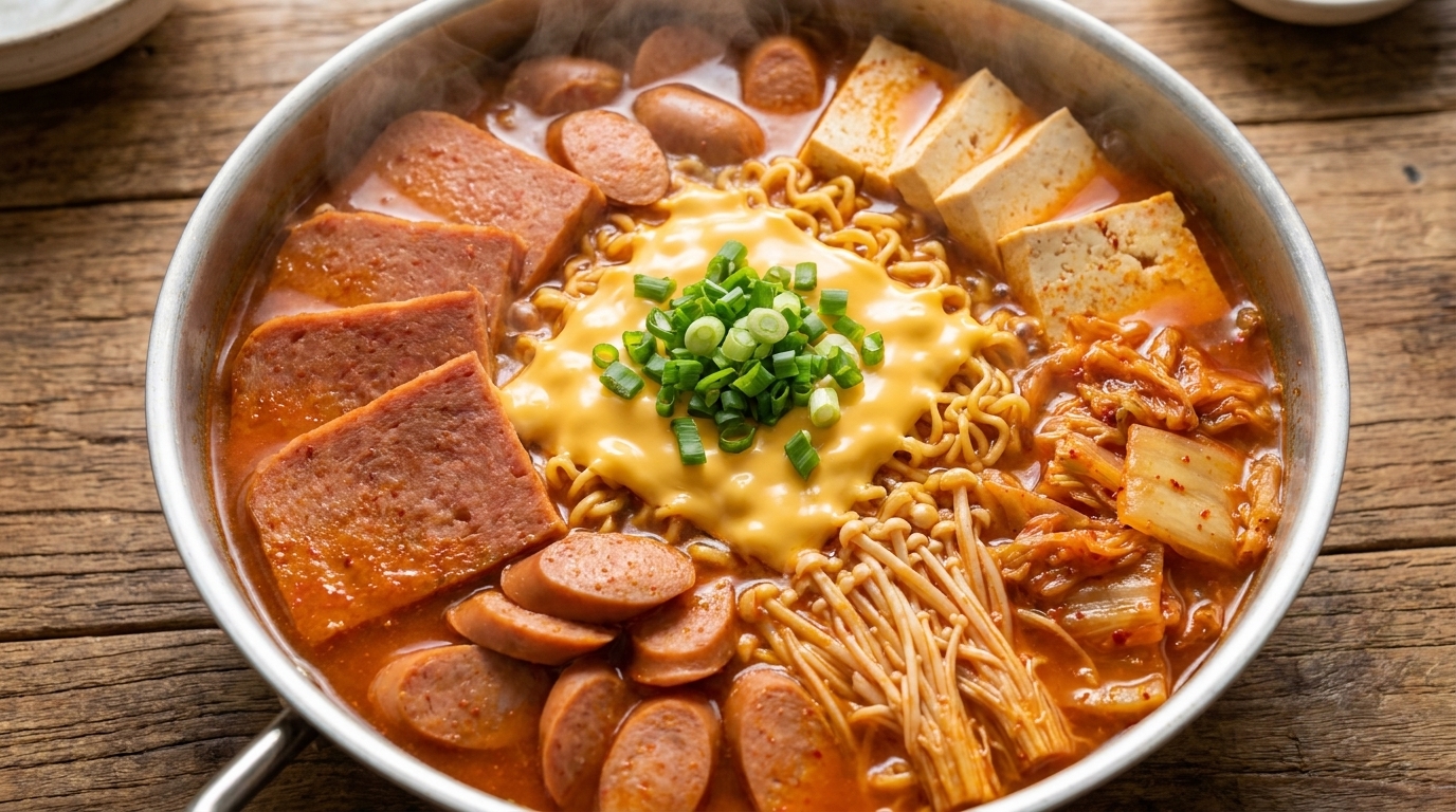 얼큰한 국물과 풍성한 햄, 고소한 치즈가 어우러진 보글보글 끓는 부대찌개.