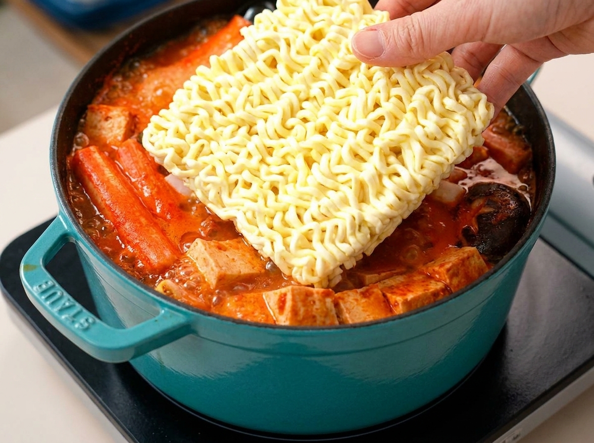 끓는 찌개에 라면 사리를 넣는 모습