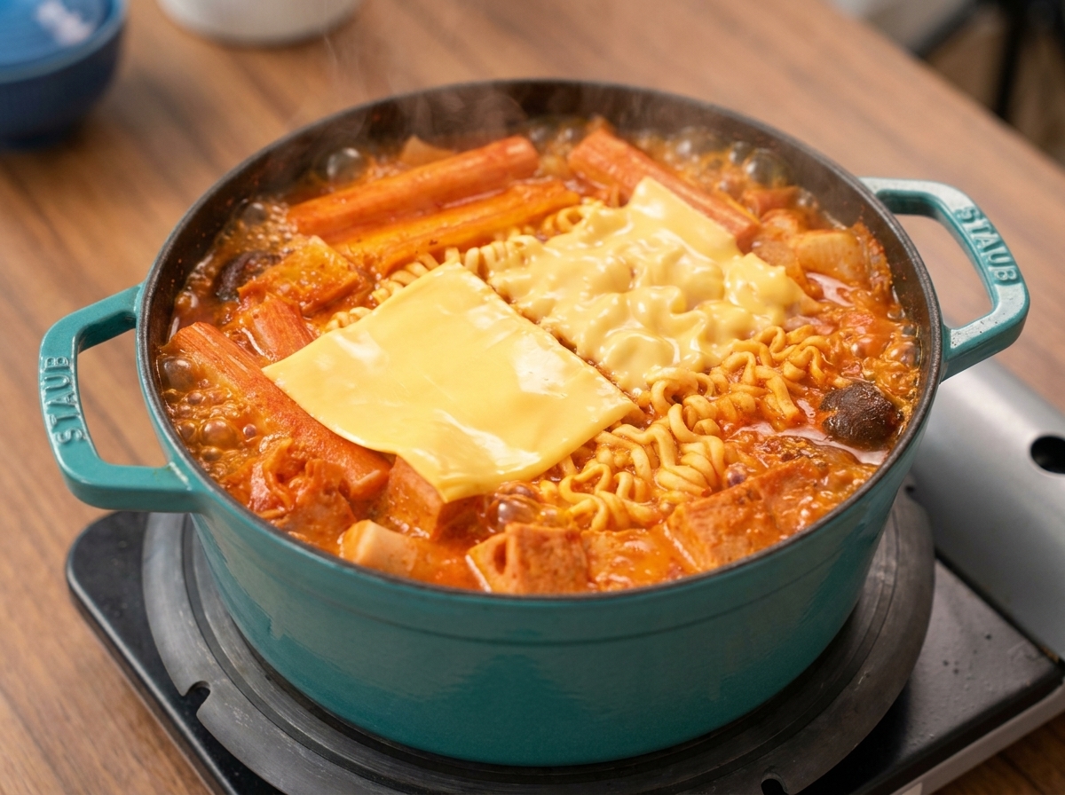 라면 위로 치즈를 올리는 모습