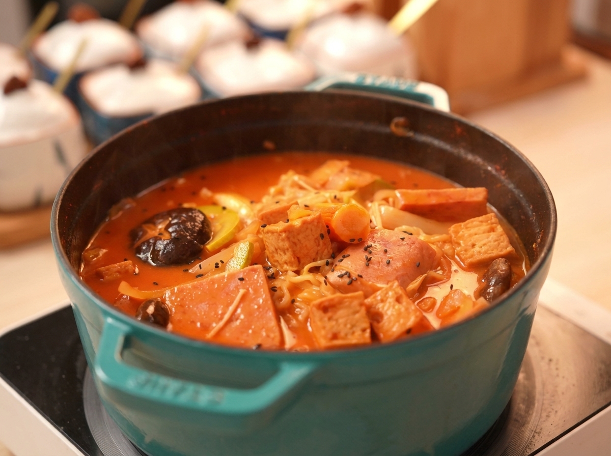 완성된 부대찌개 위에 검은깨를 뿌리는 모습