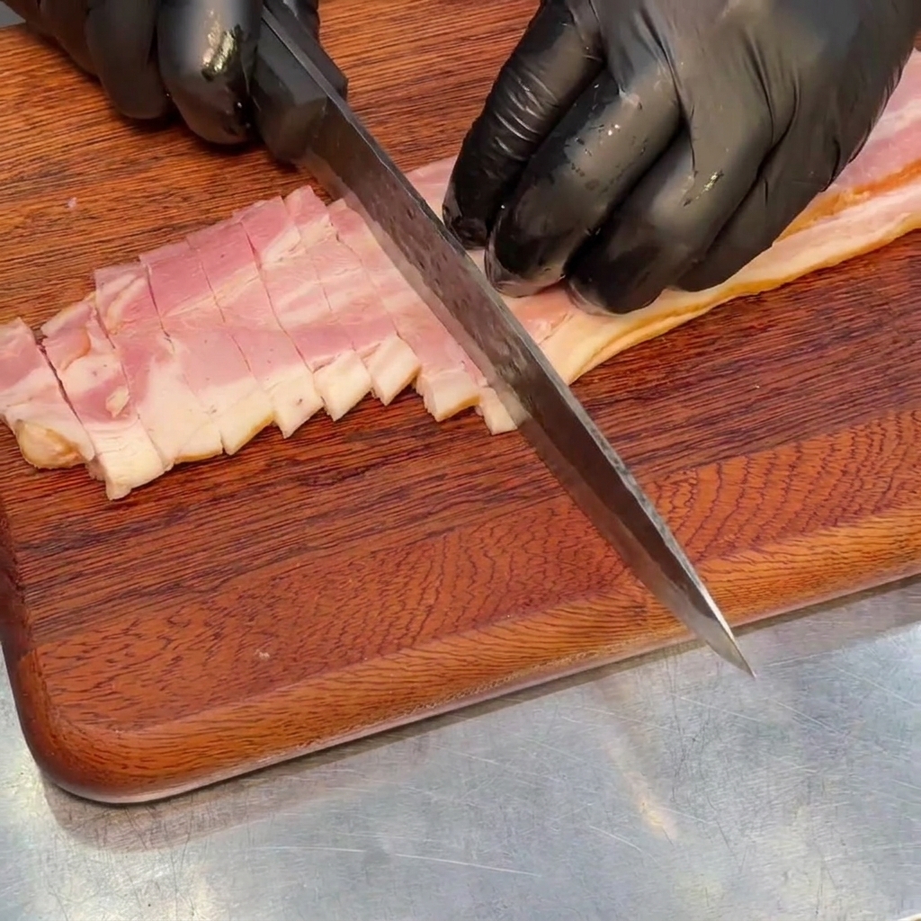 도마 위에 놓인 작고 균일한 정사각형 모양의 훈제 베이컨 조각들.