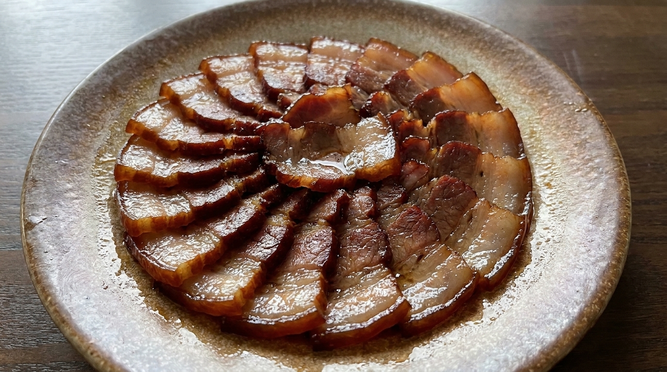소박한 갈색 도자기 접시에 얇게 썰어 담아낸 윤기 흐르는 간장 돼지고기 찜.