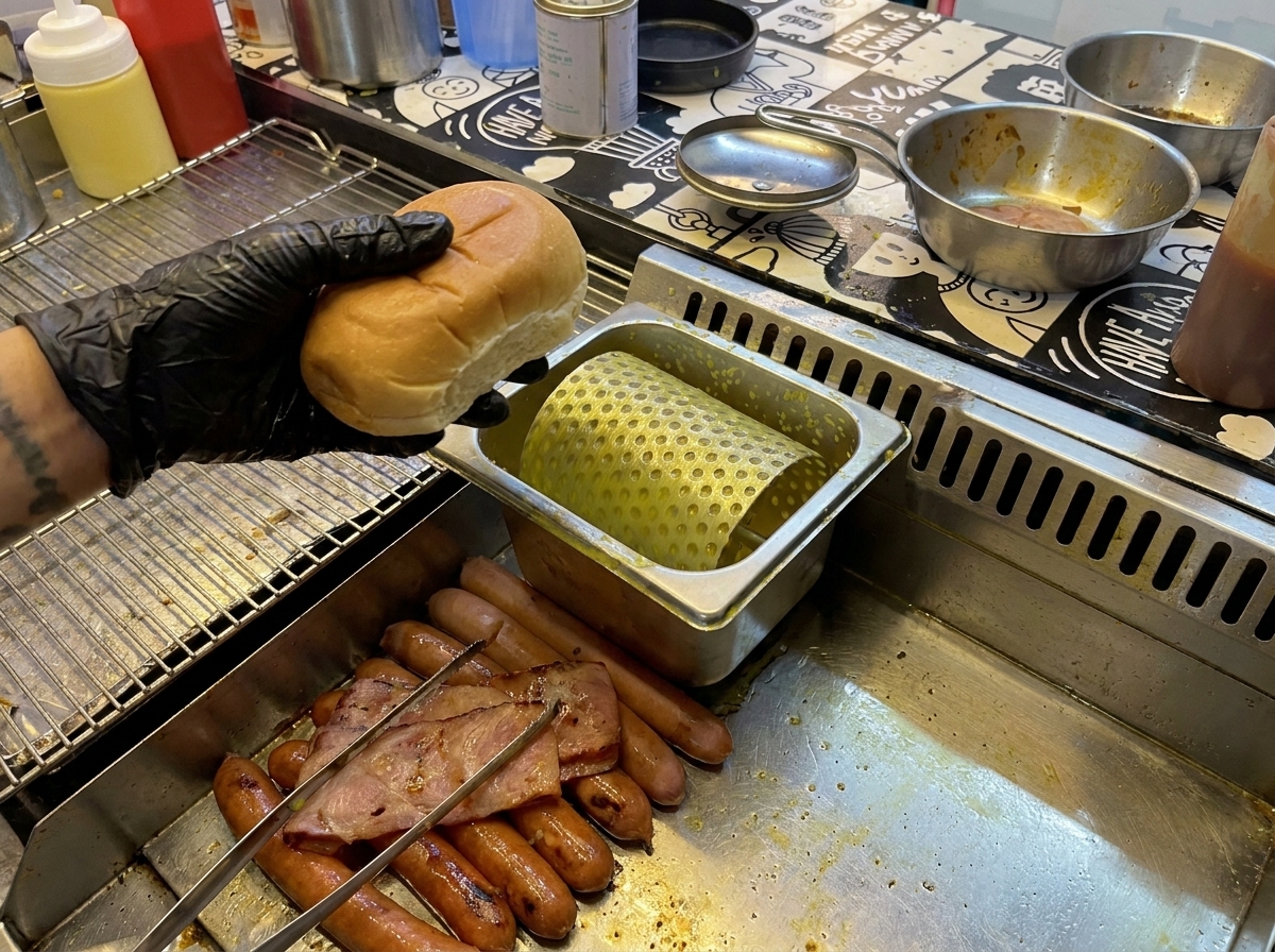 버터를 바른 버거 번 반쪽을 뜨거운 철판 위에서 굽는 모습.