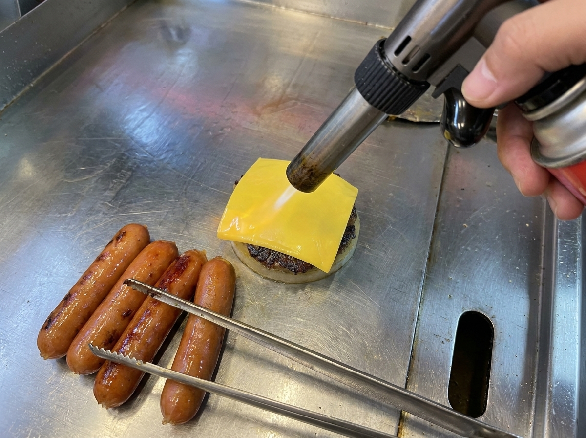 토치로 치즈를 녹여 보글보글 끓는 소고기 패티.