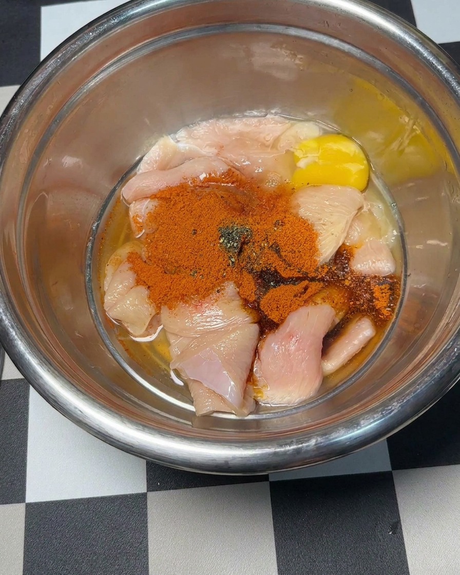 양념된 닭고기가 담긴 볼에 날계란을 깨 넣은 모습.
