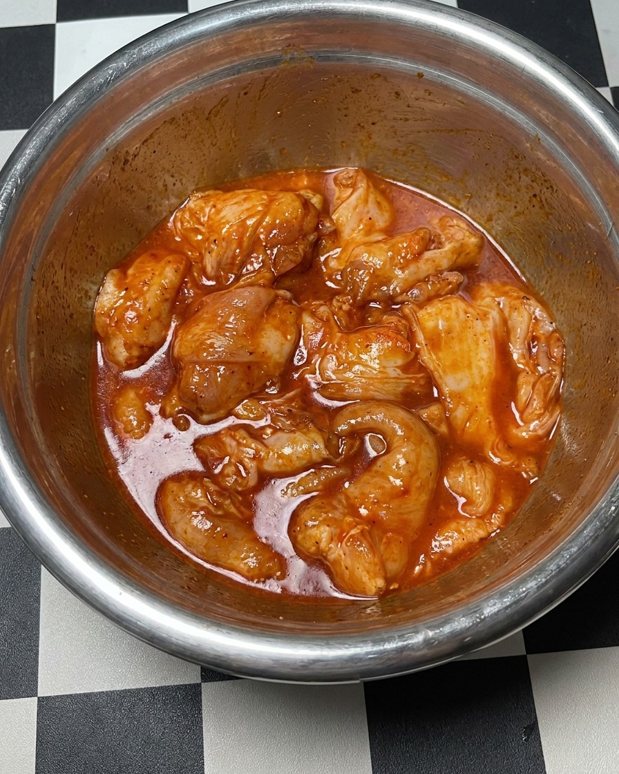 투명한 랩으로 밀봉된 양념 닭고기 볼.