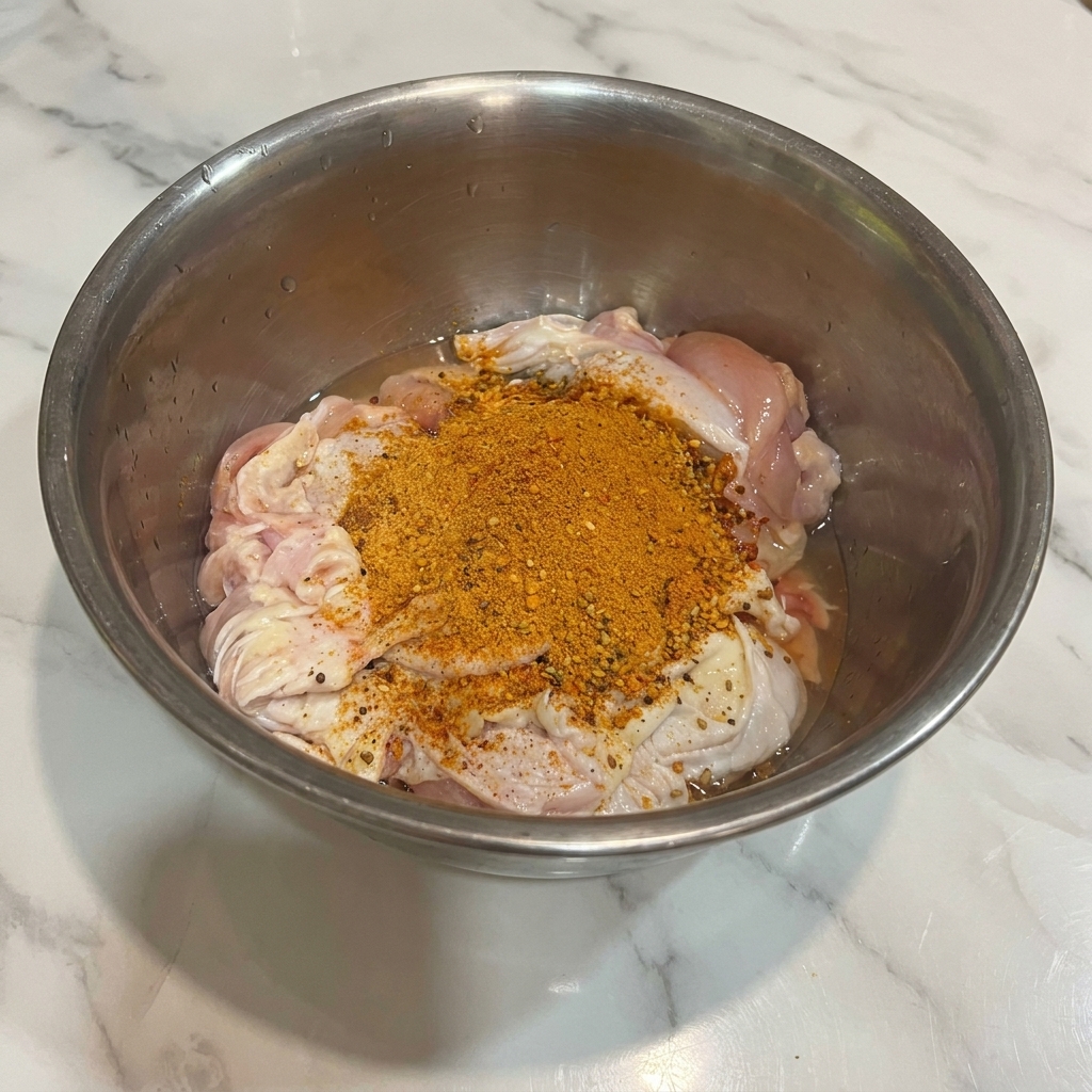 키친타월로 닭다리살의 물기를 제거하는 모습.