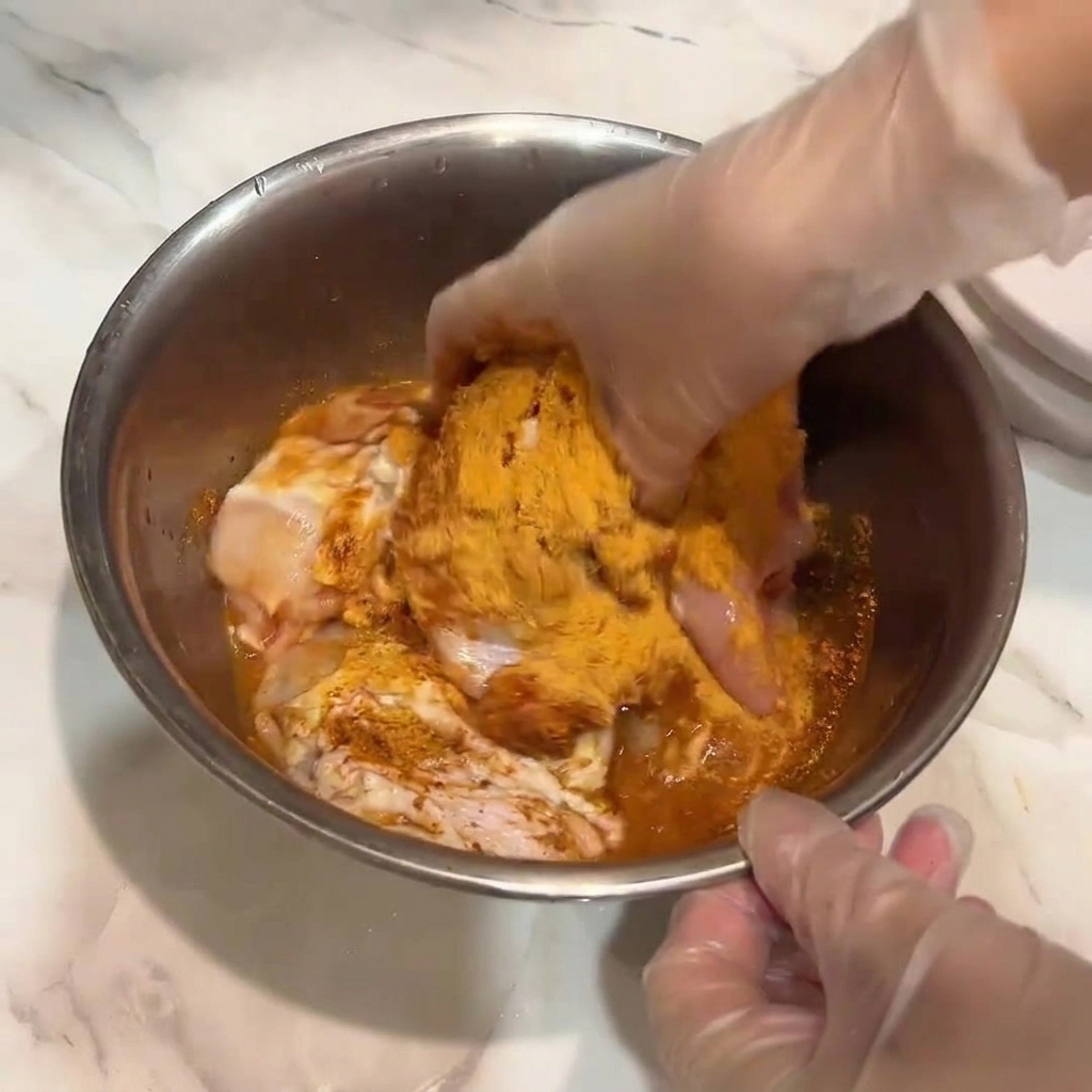 양념에 닭고기를 버무리는 모습.