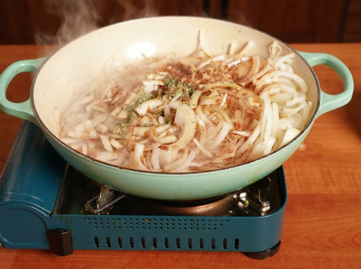 슬라이스한 흰 양파를 팬에서 허브 및 양념과 함께 볶는 모습.