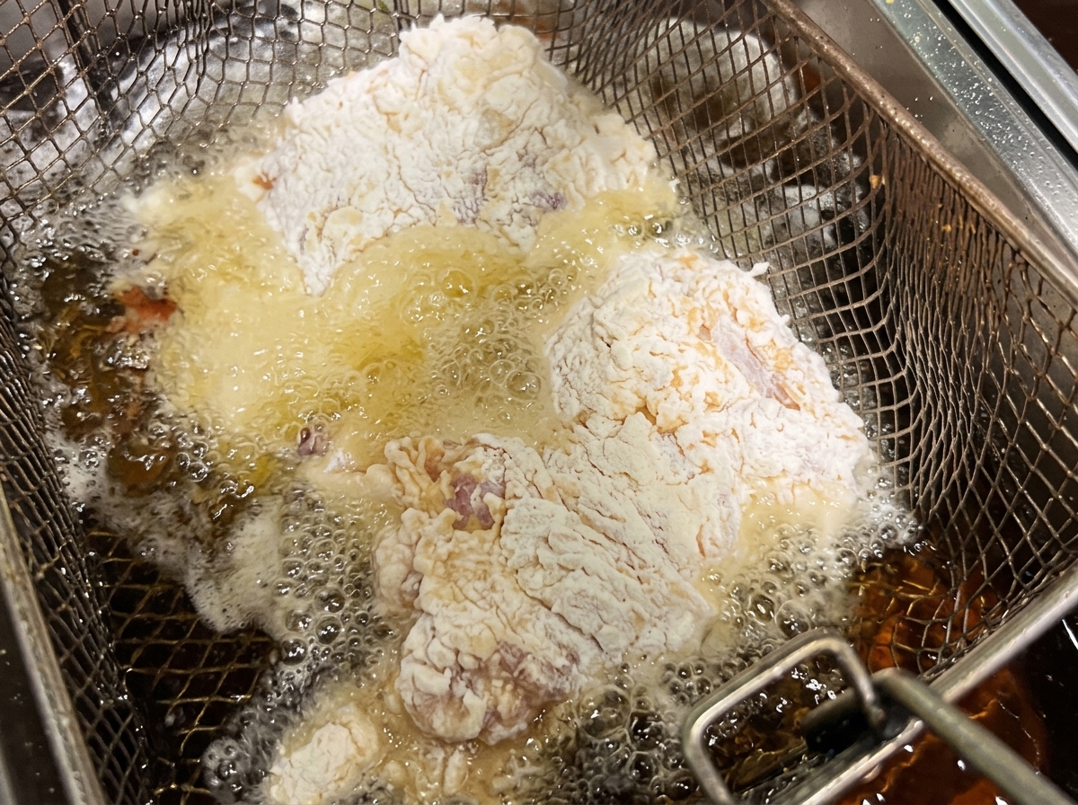 뜨거운 기름에 치킨을 넣는 모습