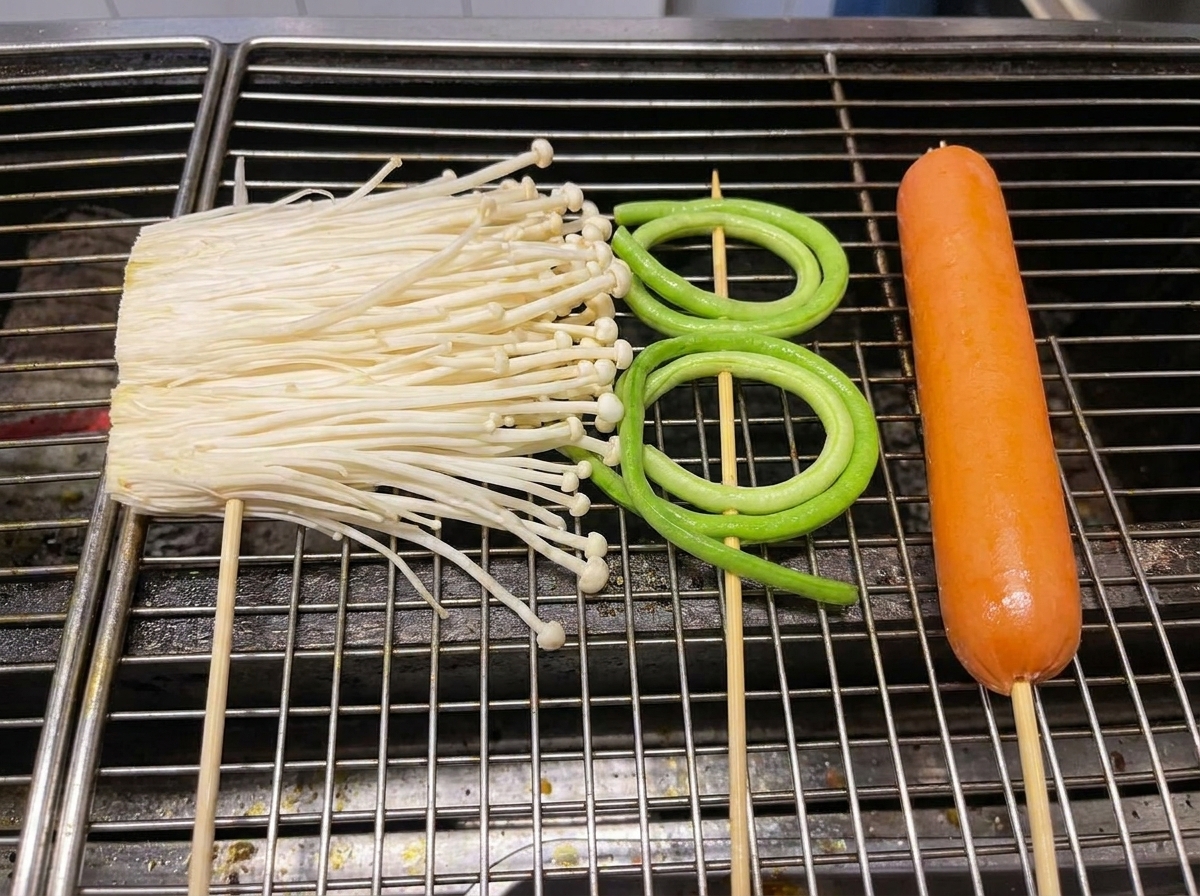 그릴망 위에서 익어가는 팽이버섯, 묶은 부추, 소시지.