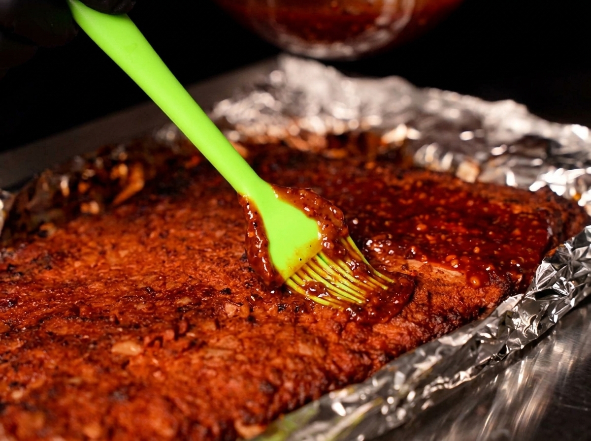 포일을 벗긴 오븐구이 돼지 등갈비 위에 브러시로 진한 소스를 듬뿍 바르는 모습.