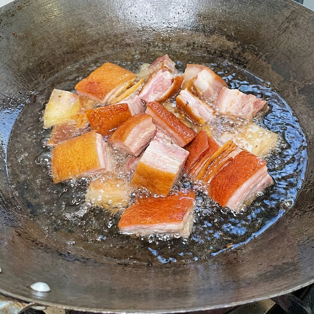 큰 웍에 훈제 갈비 조각을 넣고 물과 함께 데치는 모습.