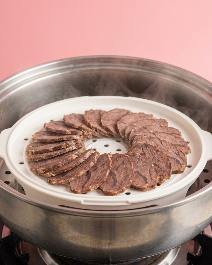 달궈진 빈 검은 웍에 맑은 식용유가 부어지는 모습.