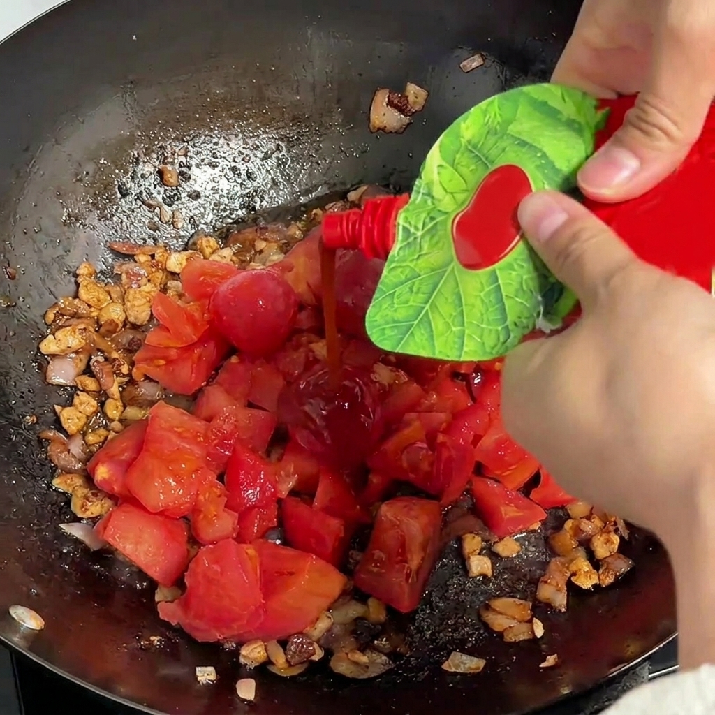 소스에 토마토 페이스트를 짜 넣는 모습.