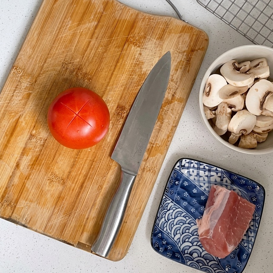 껍질 윗부분에 십자 모양으로 칼집을 낸 붉은 토마토의 클로즈업.