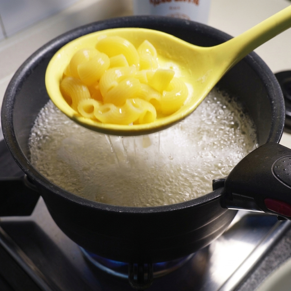 노란색 구멍 뚫린 국자로 끓는 물에서 삶아진 마카로니를 건지는 모습.